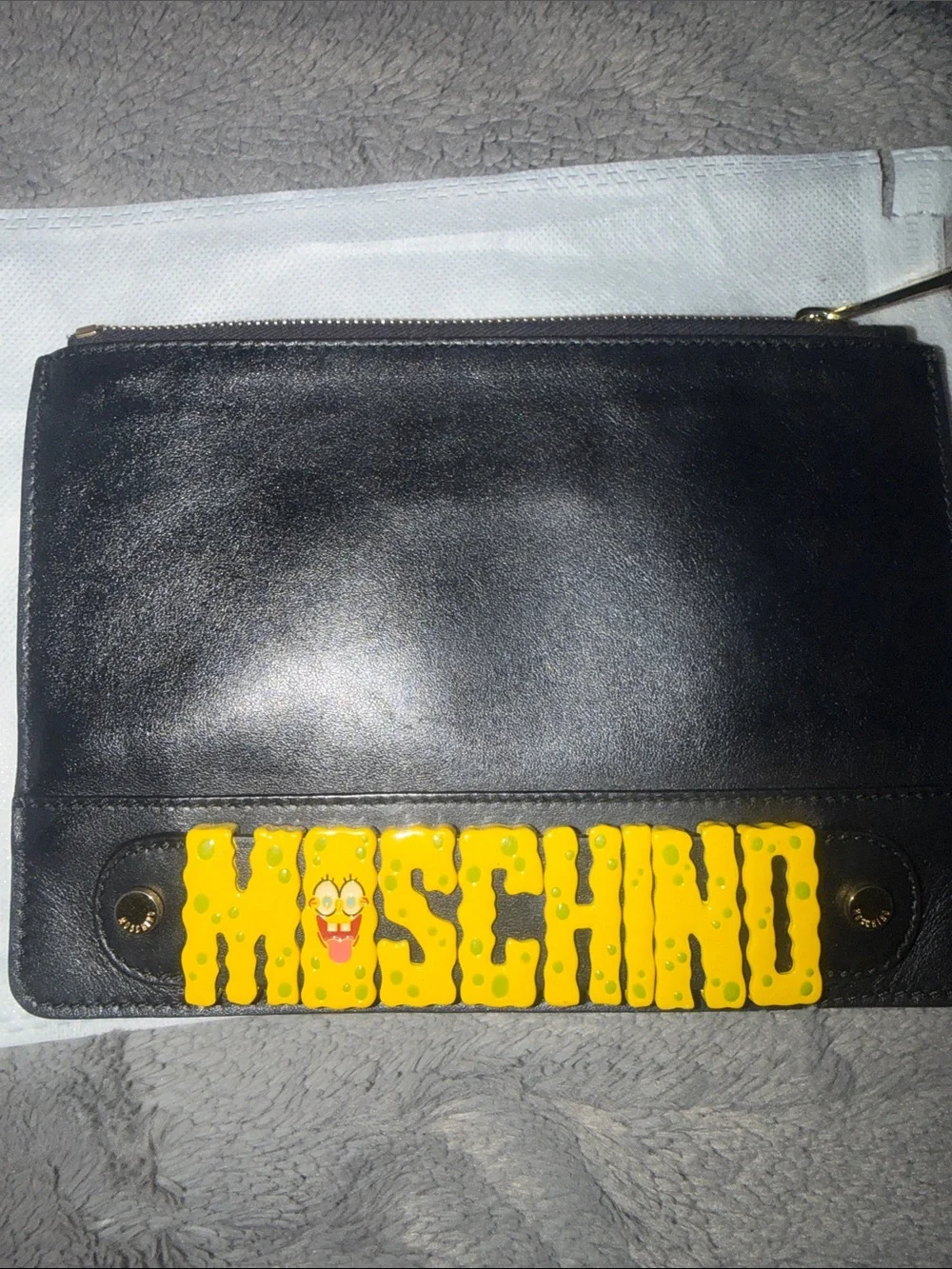 Preloved SpongeBob  Moschino Black Leather Pouch with Yellow Logo Panel